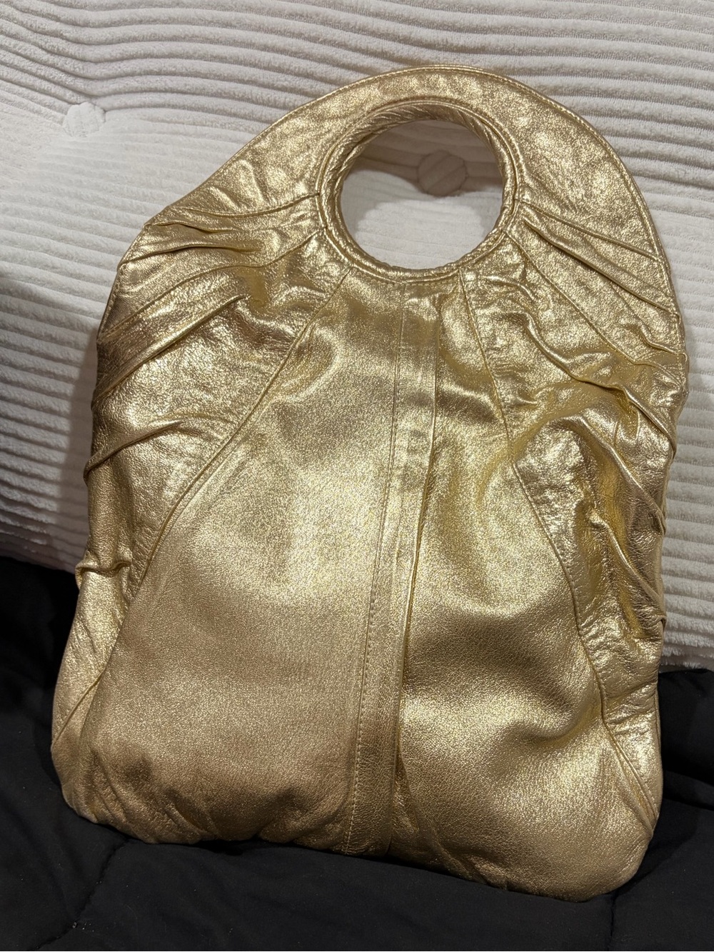 Vintage beautiful Goldenbleu Metallic Gold Ruched Top Handle leather  Bag
